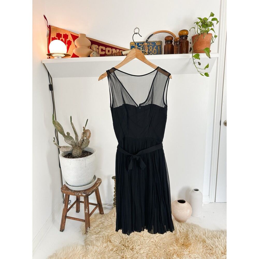 Vintage 1960s Black Dress With Sheer Shoulders and Belt Small